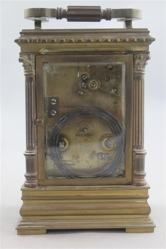 An early 20th century French brass hour repeating carriage clock, 6.5in.